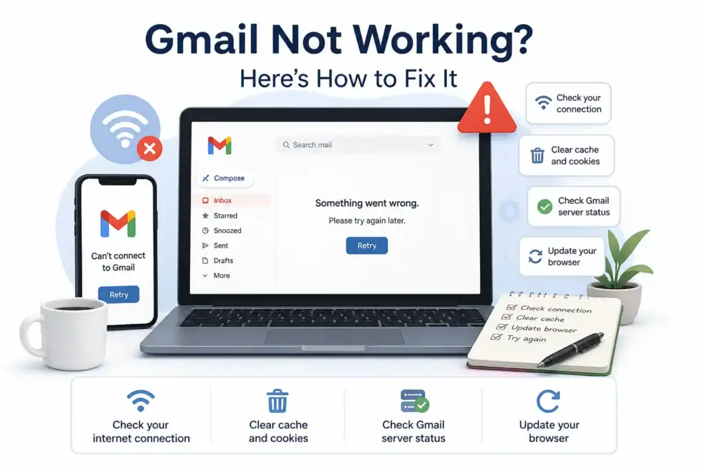 Gmail not working fix troubleshooting illustration
