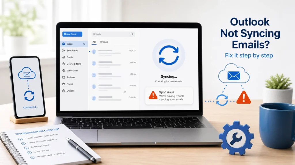 Outlook not syncing emails fix troubleshooting illustration