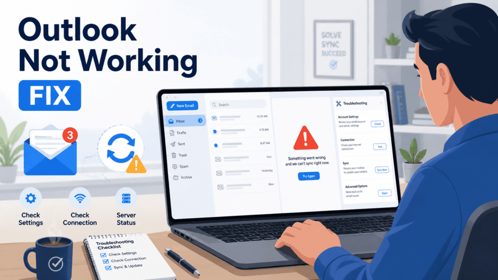 Outlook not working fix troubleshooting illustration